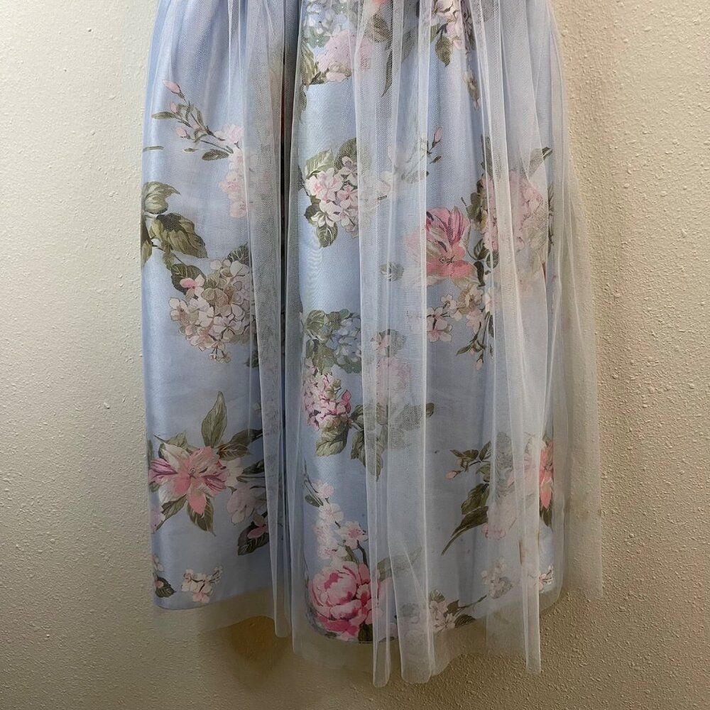 Floral Light Blue Sleeveless Girls Party Dress With Tulle Overlay & Satin Finish - Picture 4 of 14